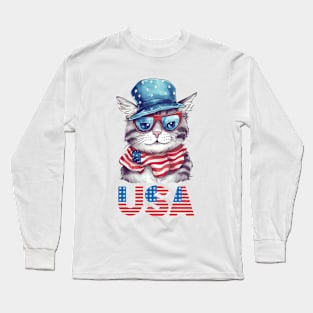 Patriotic Cat, 4th of July Design Long Sleeve T-Shirt